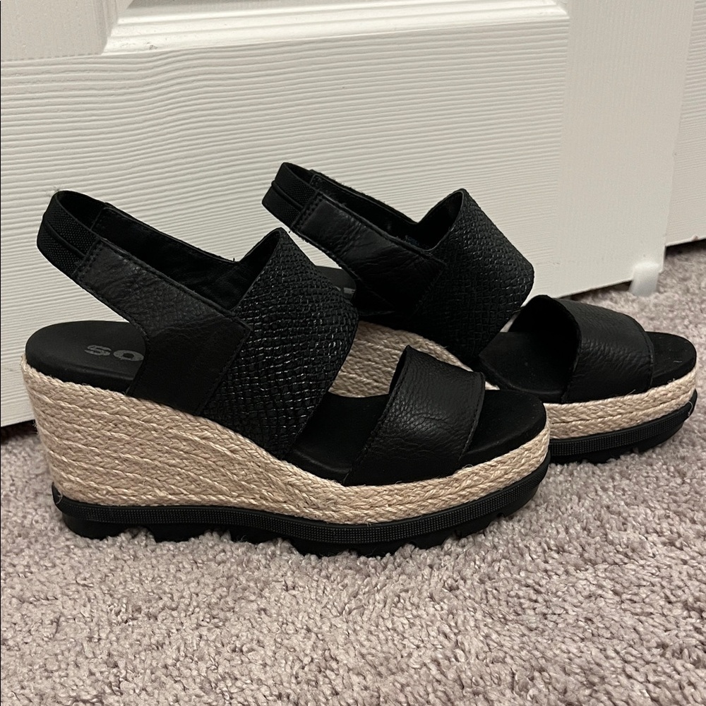 Sorel Black Leather Espadrille Platform Wedge Sandals Lug Sole | Size 8